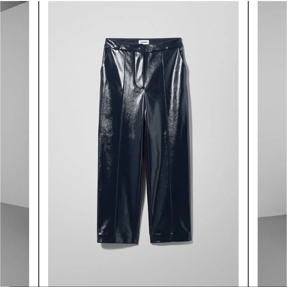 Weekday Navy Blue Faux Leather Glossy Patent Crinkle Trousers High Waist Baggy M